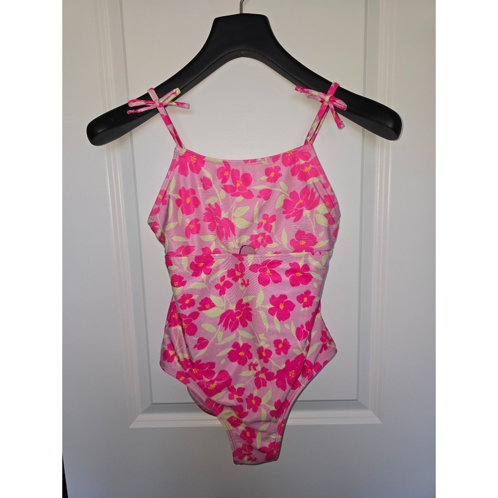 Wonder Nation Girls Pink Floral One Piece Swimsuit Size 10-12 Keyhole Bow Straps - Picture 1 of 3